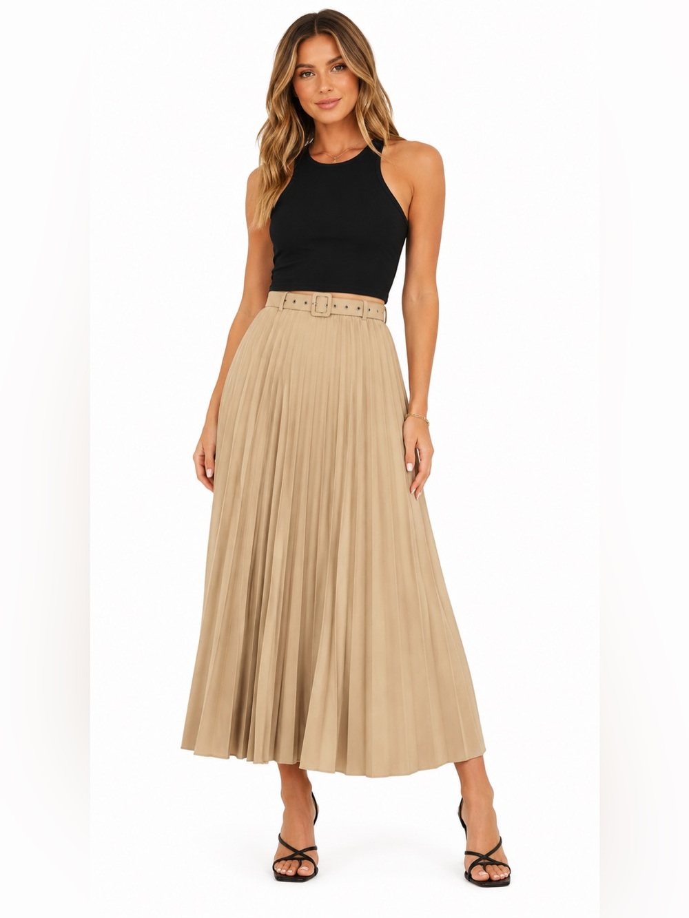 Zara Tailored Pleated Belted Midi Maxi Skirt (Tan/Camel) Size Medium